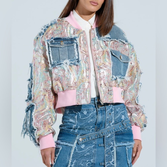 NWT AKIRA brocade Multicolor Denim patch bomber Jacket size M - Picture 1 of 6